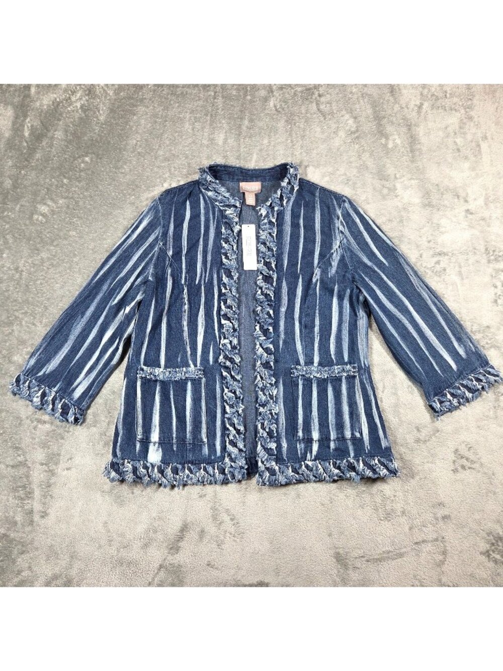 Chicos Jacket Small 0 Blue Chambray Striped Fringe Trim Open Boho Blazer NEW